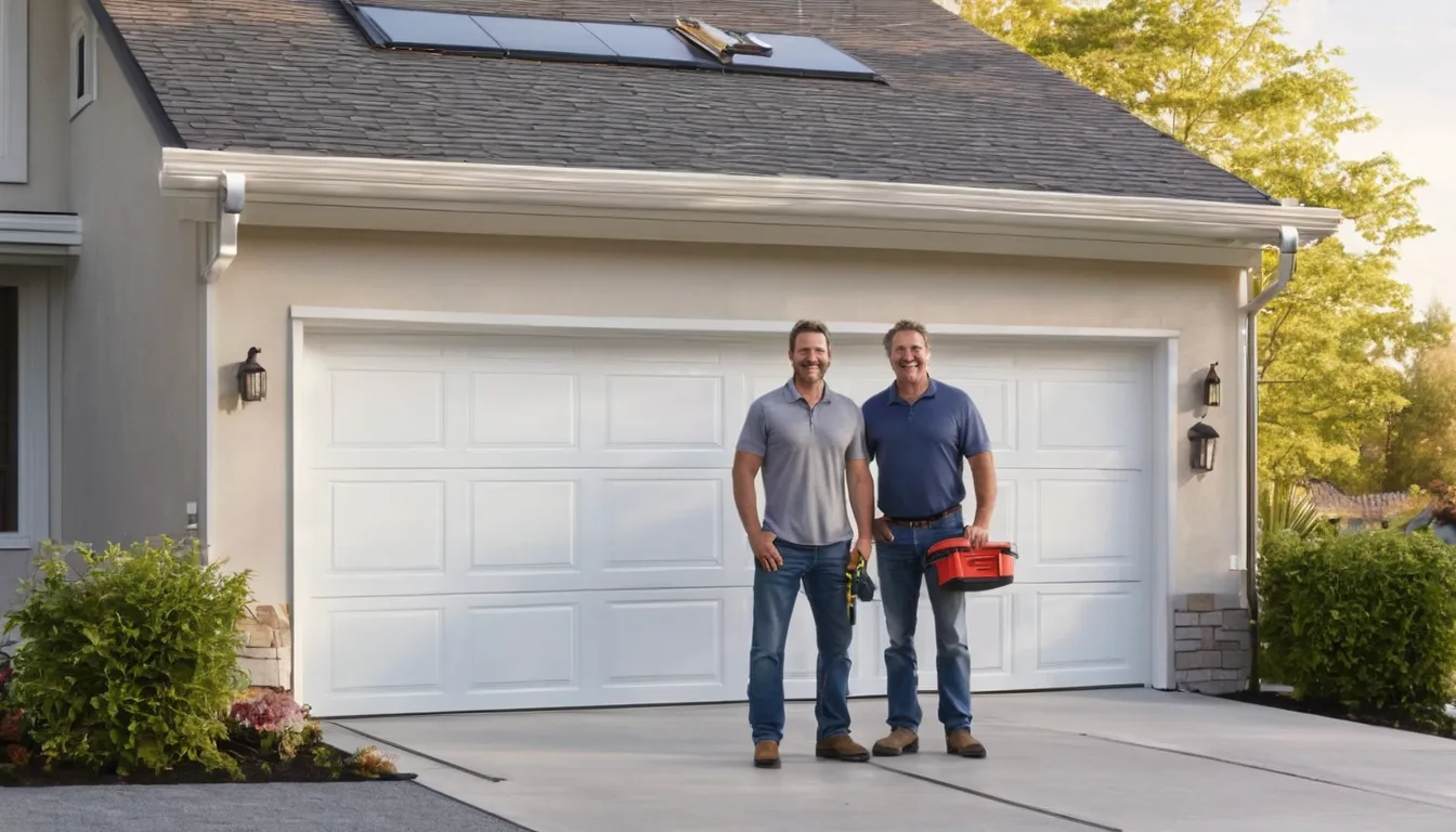 Friendly provider and homeowner reviewing a new garage door outside a home in Cincinnati